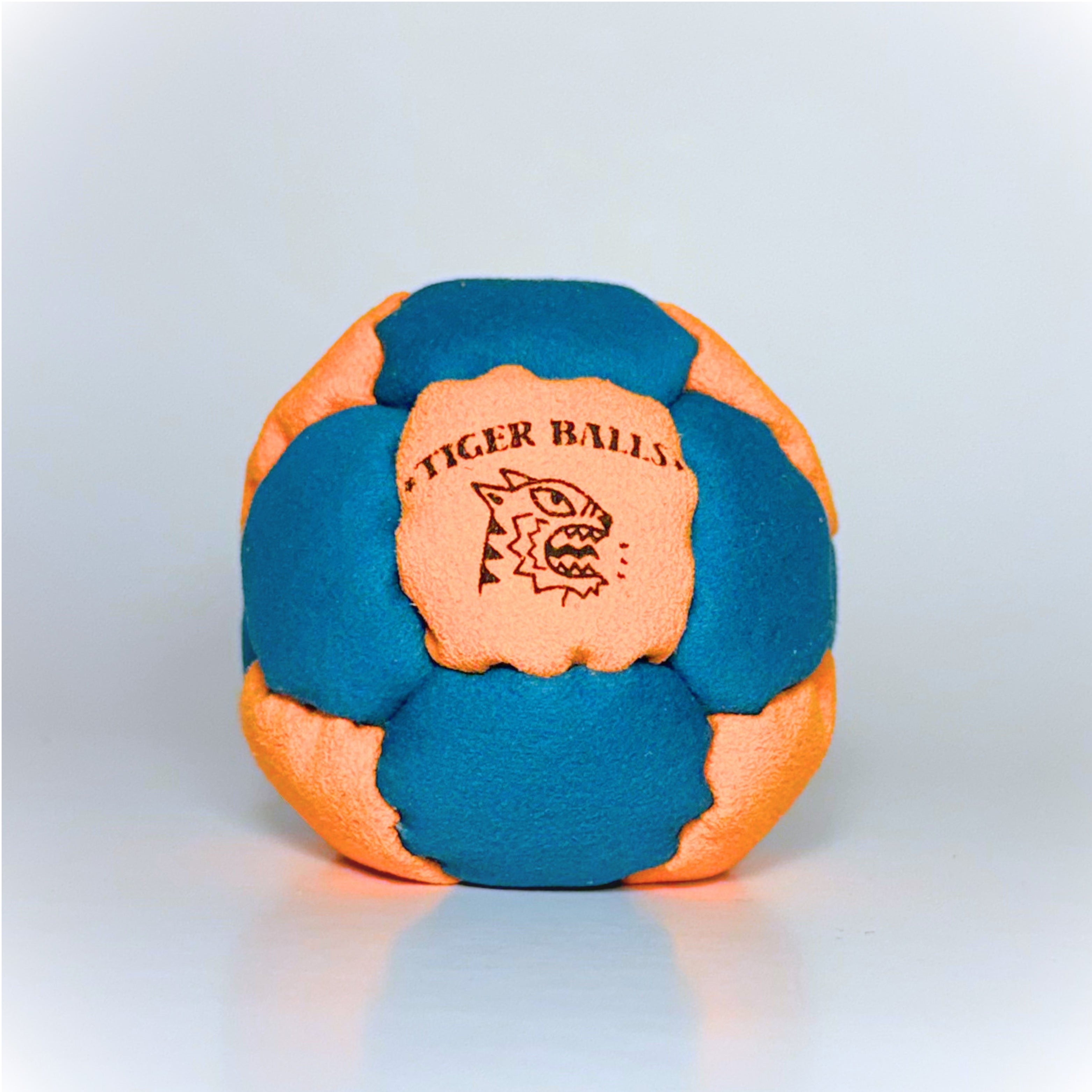 Blue and orange Tiger Balls 14-panel hacky sack footbag