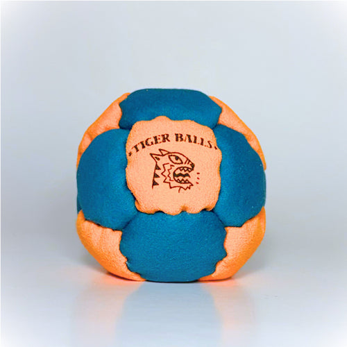Blue and orange Tiger Balls 14-panel hacky sack footbag