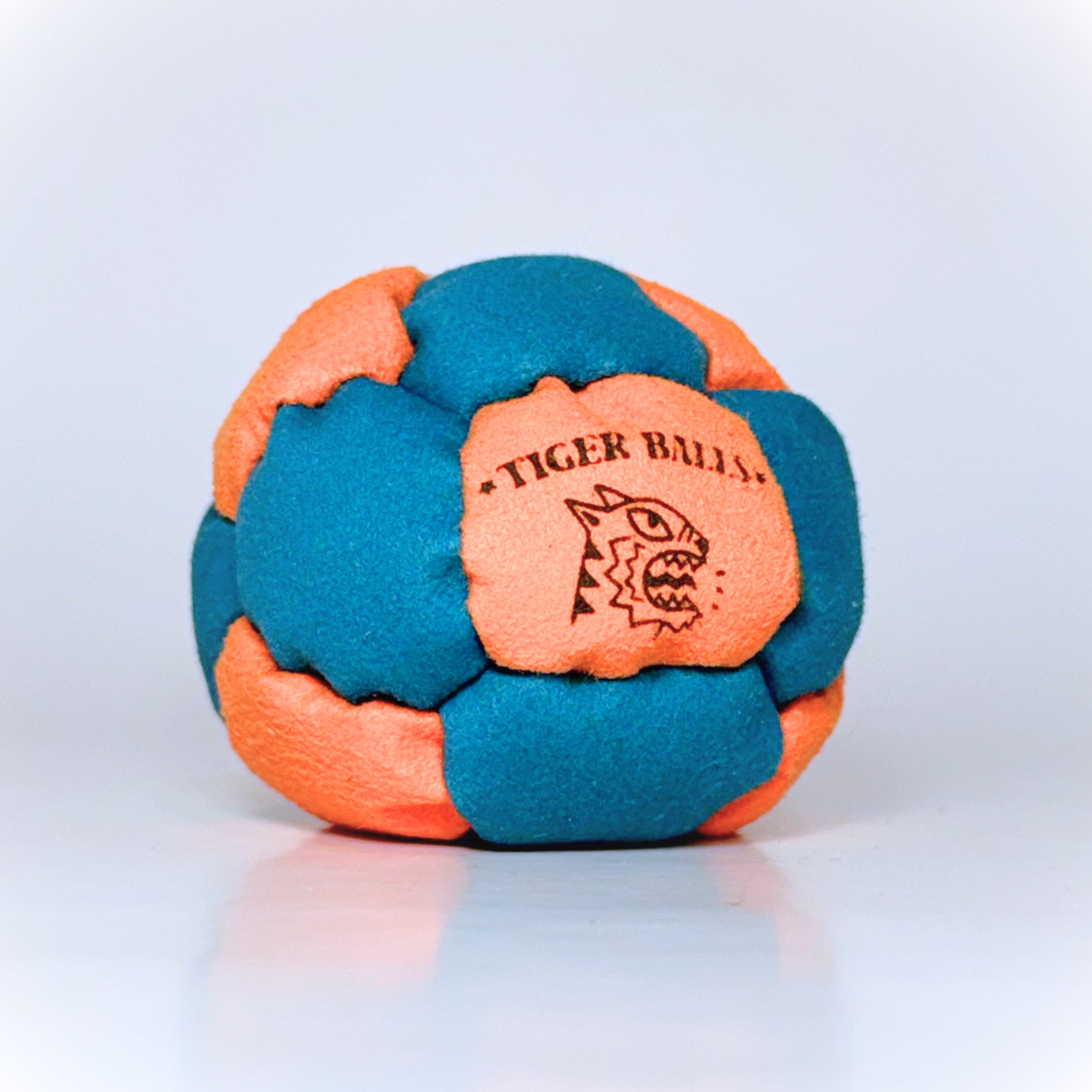 Blue and orange Tiger Balls 14-panel hacky sack footbag
