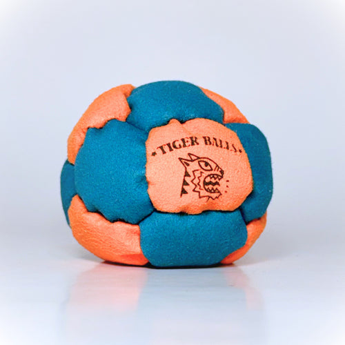 Blue and orange Tiger Balls 14-panel hacky sack footbag