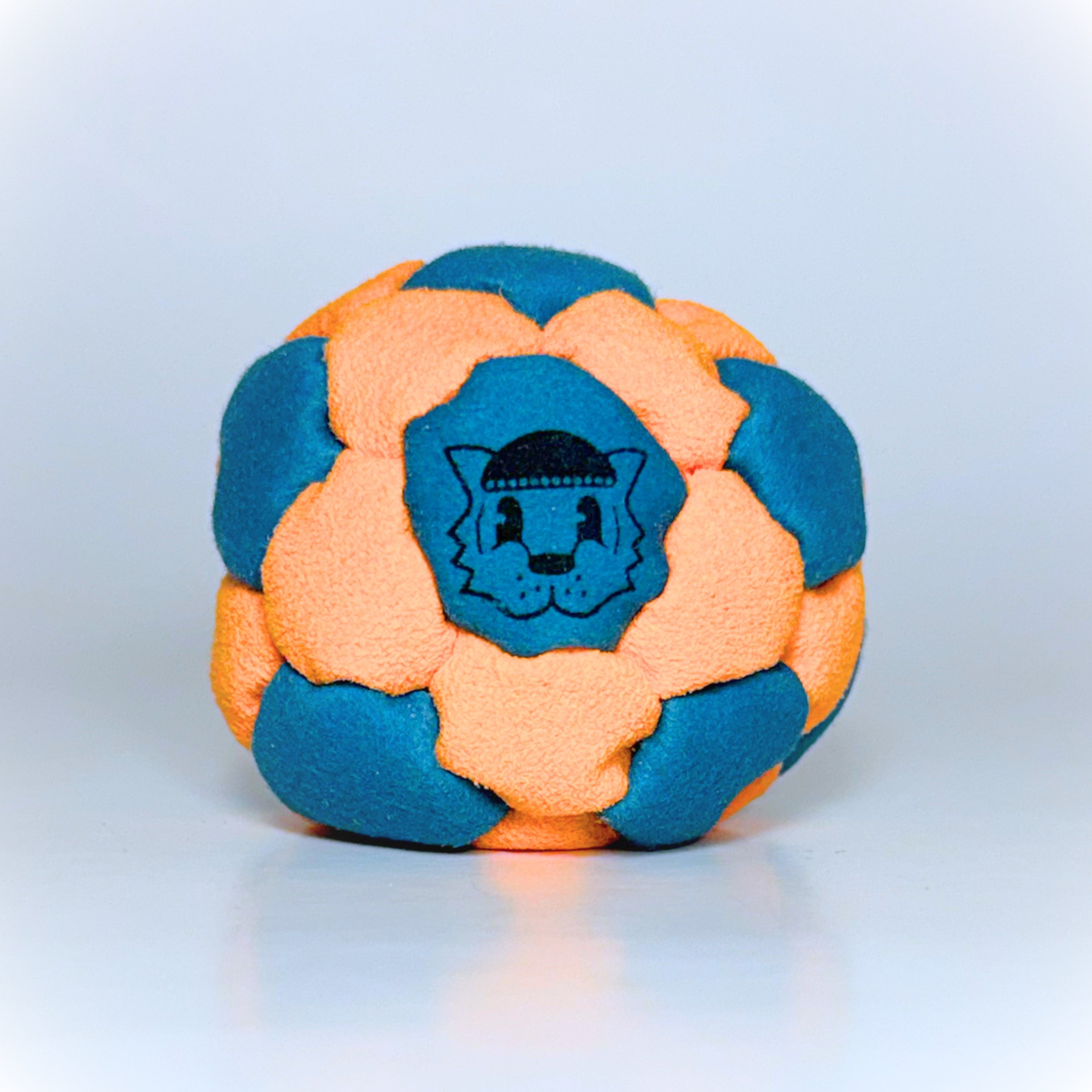 Blue and orange Tiger Balls 32-panel hacky sack footbag