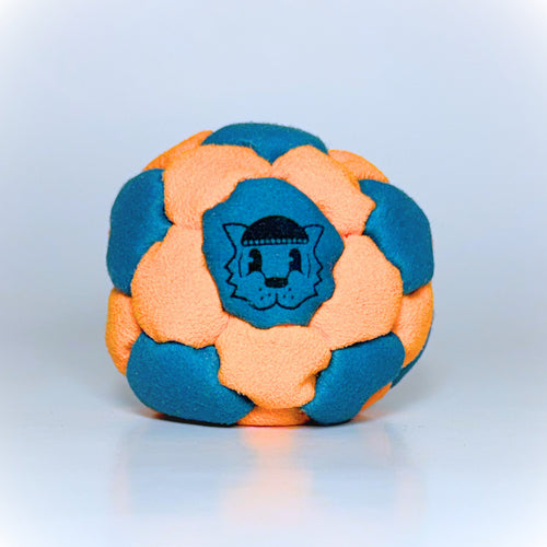 Blue and orange Tiger Balls 32-panel hacky sack footbag